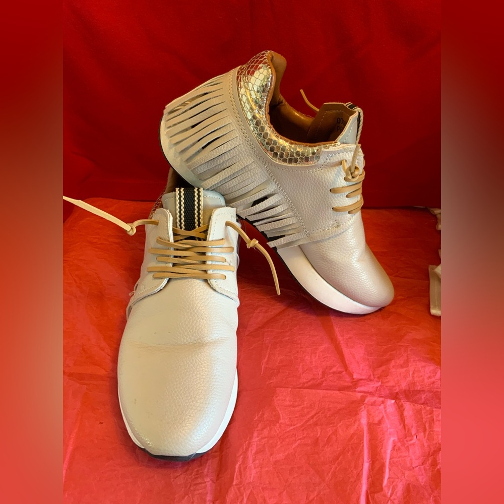 ShuShop White and Gold Fringe Sneakers